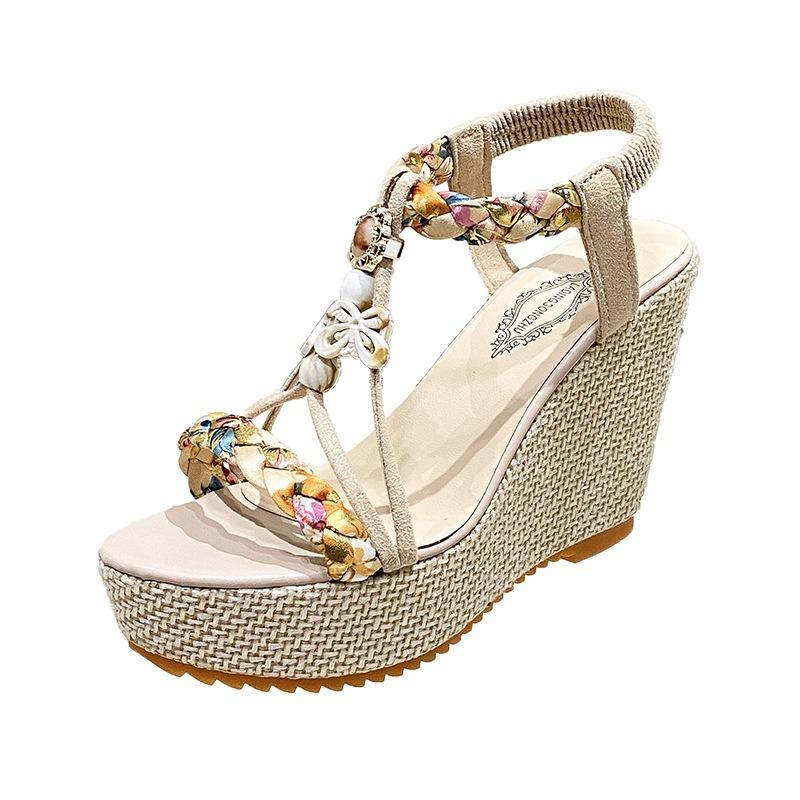 Богемные сандалии женские весна лето новые сандалии на танкетке платформе со стразами с открытым носком сандалии больших размеров