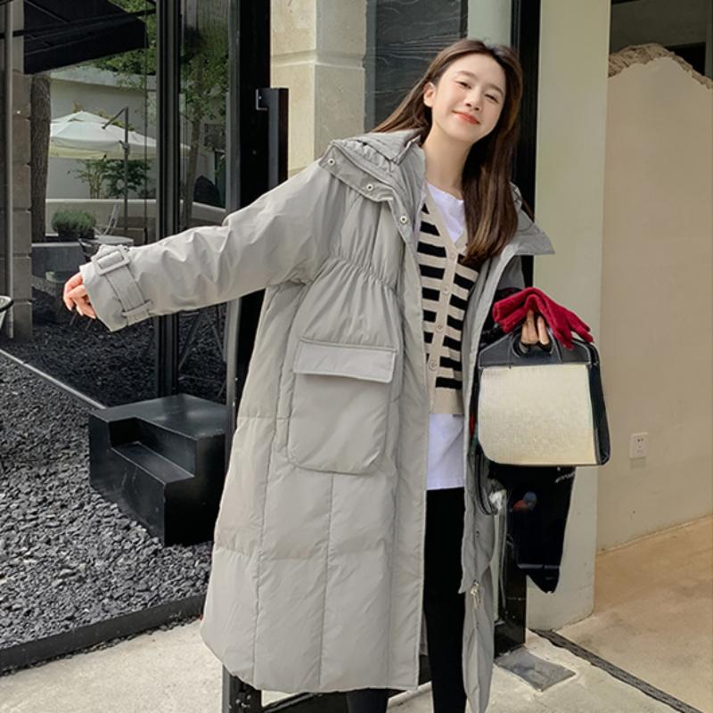 Женский зеленый пуховик с капюшоном, длинная хлопковая одежда, новая зимняя корейская мода, свободные теплые утолщенные ветрозащитные пальто большого размера, топы