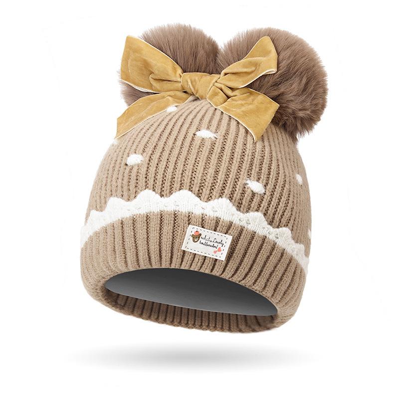 Детская осенне-зимняя шапка для девочек с бантом для волос, теплая вязаная защитная шапка для ушей, детская шерстяная шапка