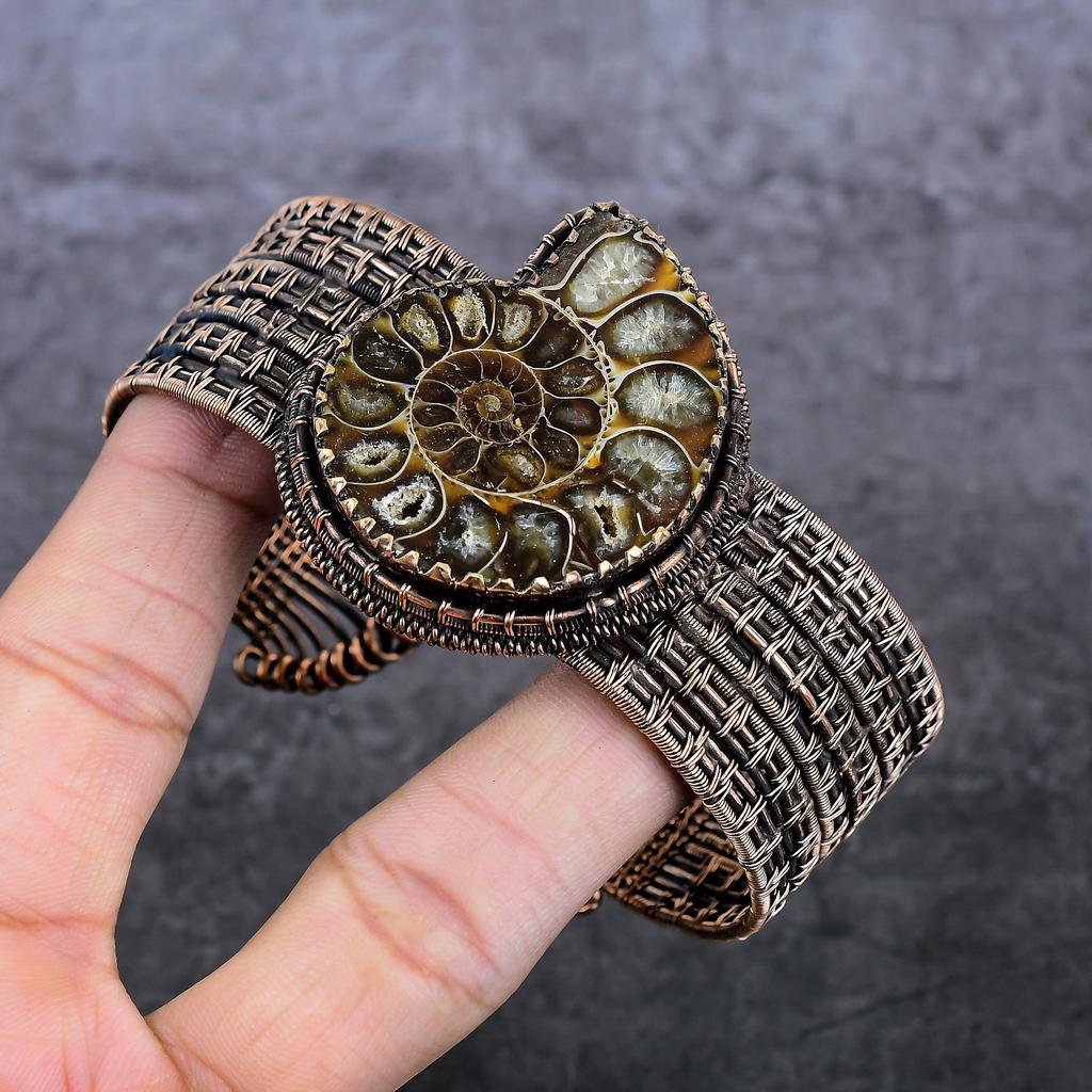 Аммонит Ископаемый Ручная Работа Медная Проволока Оплетка Браслет-Манжета Регулируемый u1F34