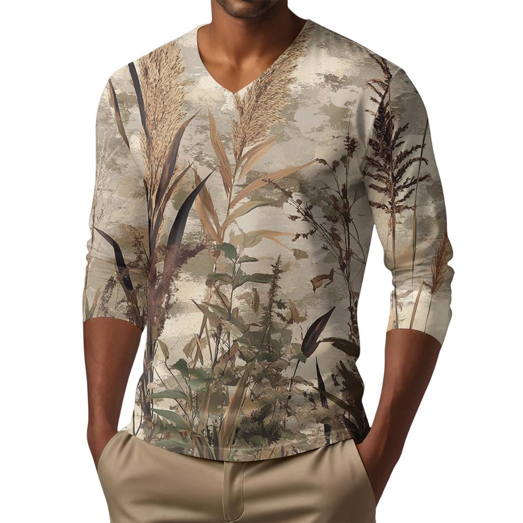 Мужская футболка с V-образным вырезом, повседневная, модная, с принтом, с длинным рукавом