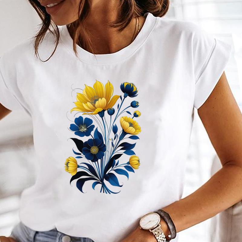 (Asian Size) Clothing Ladies Flower Trend 90s Lovely Casual Women Tee Top Short Sleeve T Shirt Fashion Print Lady Female Graphic T-shirts