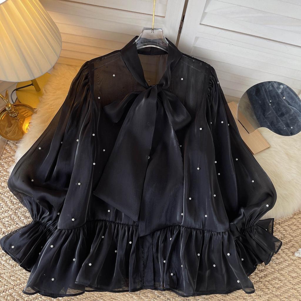 Premium Sense of Niche Design Sense Beading Bow Flare Sleeve Shirt Autumn Women's Clothing Celebrity Temperament Shirt