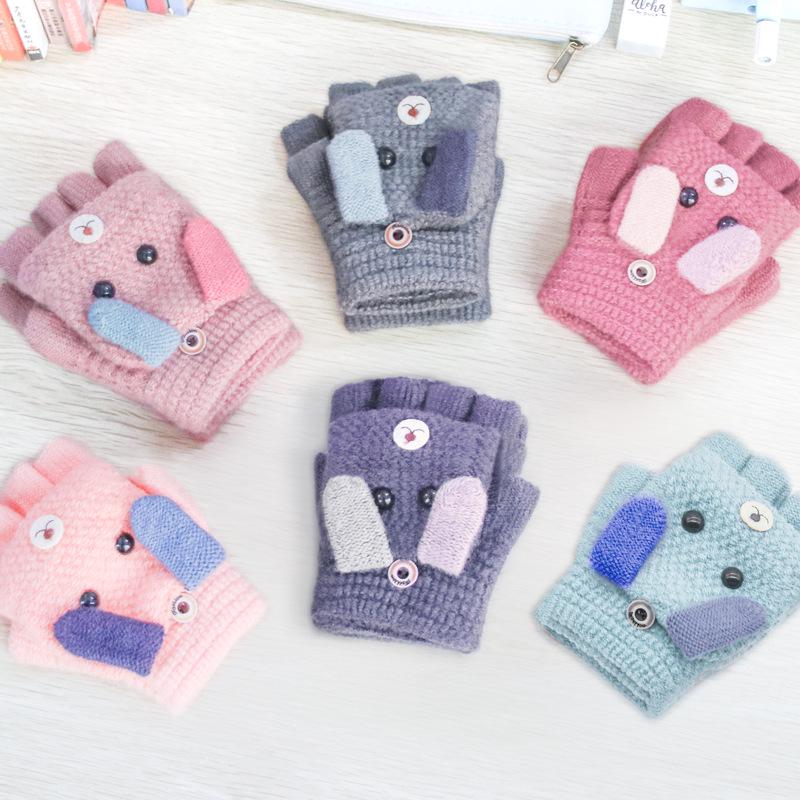 Детские зимние варежки без пальцев с мультяшным котенком - Теплые, милые, вязаные под кашемир для учеников начальной школы