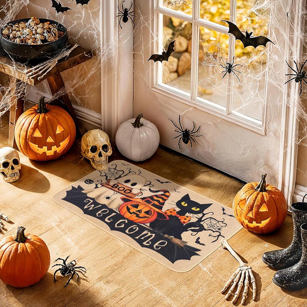 Halloween Welcome Mat Ghost Black Cat Indoor Outdoor Halloween Decorations Porch Entrance Hallway Kitchen Rug