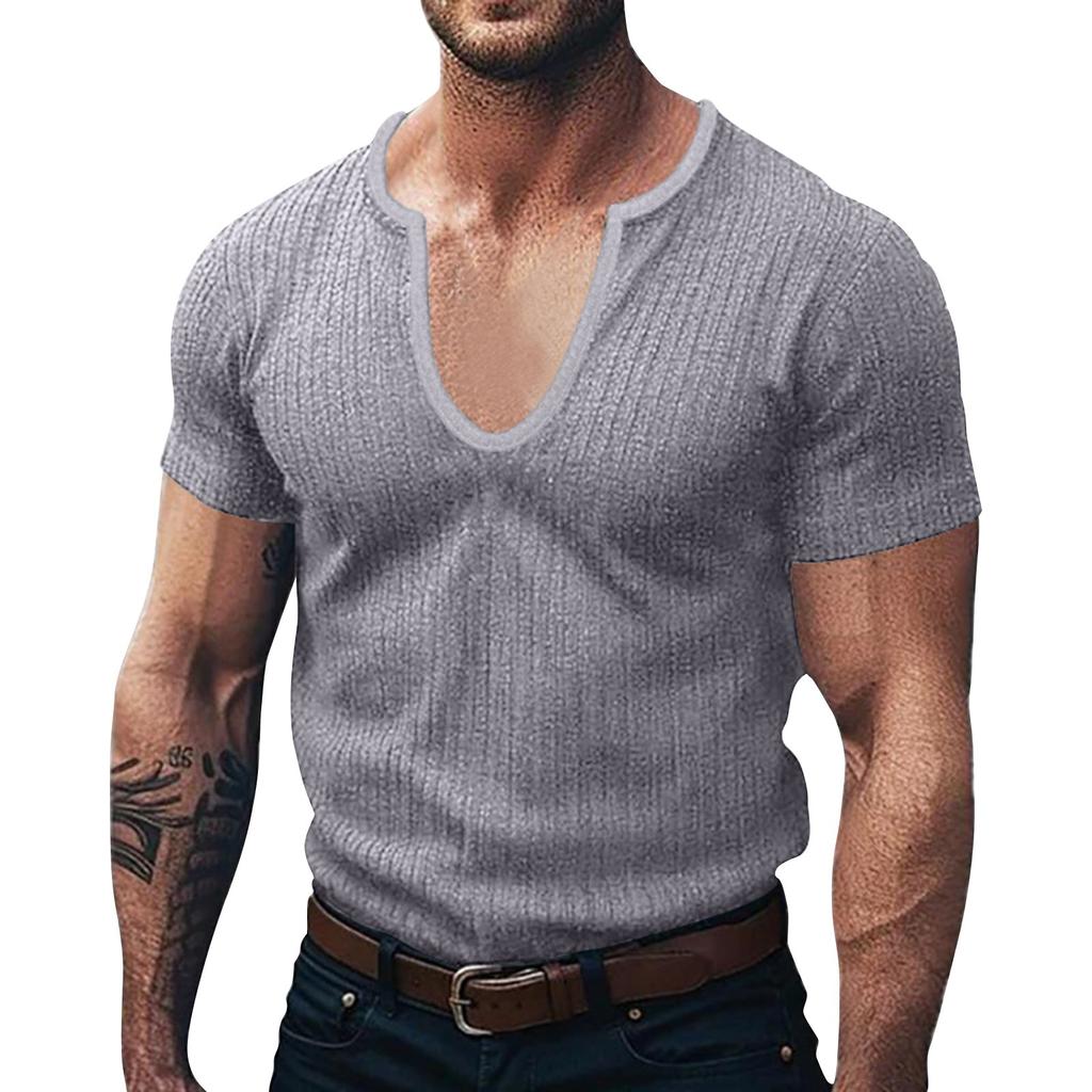 Men's Summer V-neck Striped Knitted Short-sleeved Tops Men's Casual Short-sleeved Tops