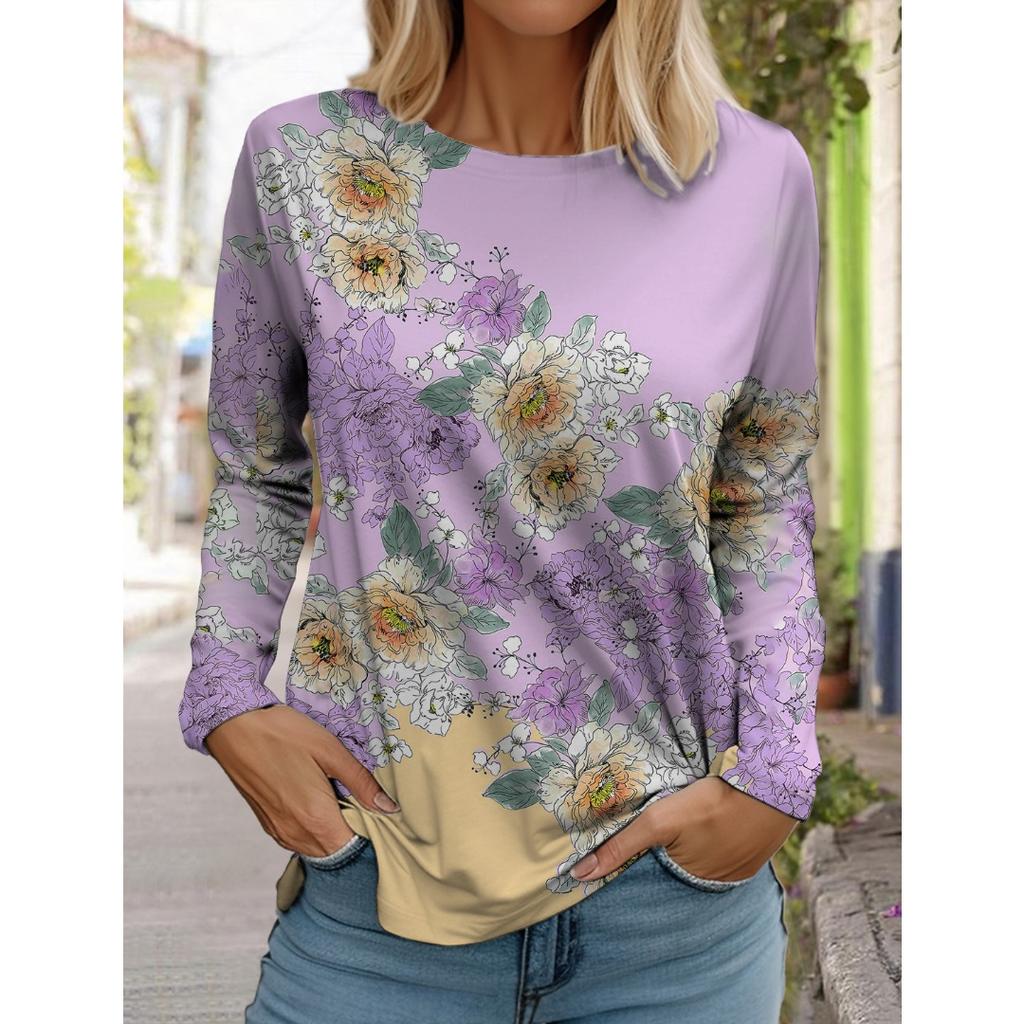 Women's White Long-sleeved Tops Round Neck Casual Tops 3d Printed Flowers Fashion Stickers Printed Women's Long-sleeved T-shirt