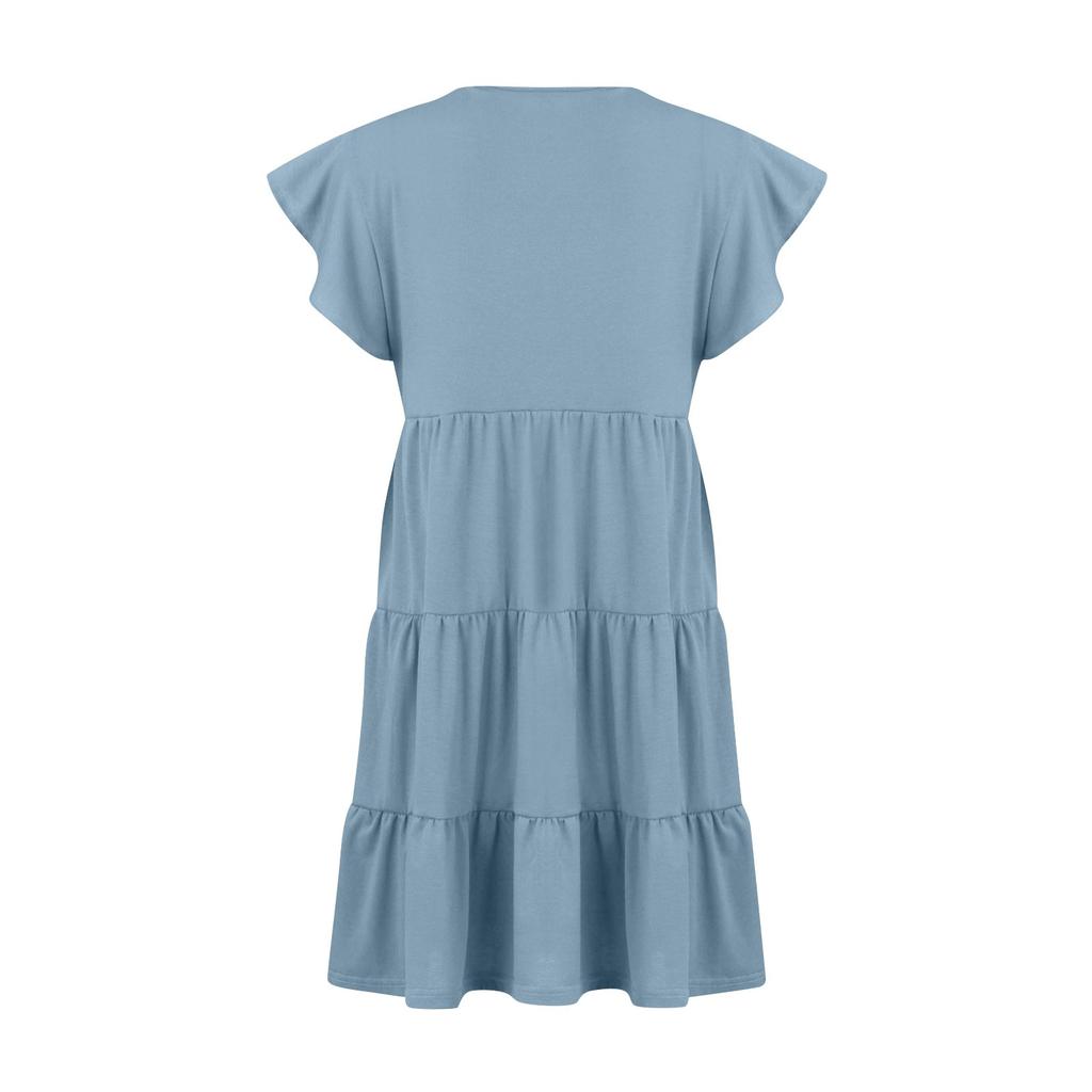 Summer Beach Dress For Women Casual Round Neck Tunic Ruffle Short Sleeve A-Line Tiered Babydoll Dress Flowy  Dress
