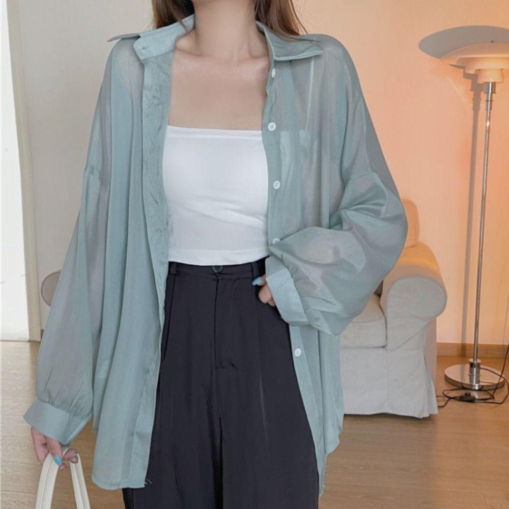 Chiffon Women Shirt Blouse Solid Color Female Loose Cardigan Casual Long Sleeve Top