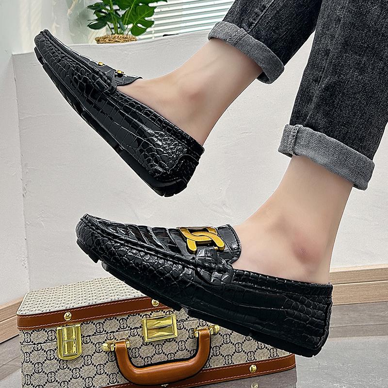 Мужские мокасины Туфли для вождения Комфортные кожаные лоферы Повседневные слипоны Большой размер Цвет Серый Горошек Обувь Большого размера