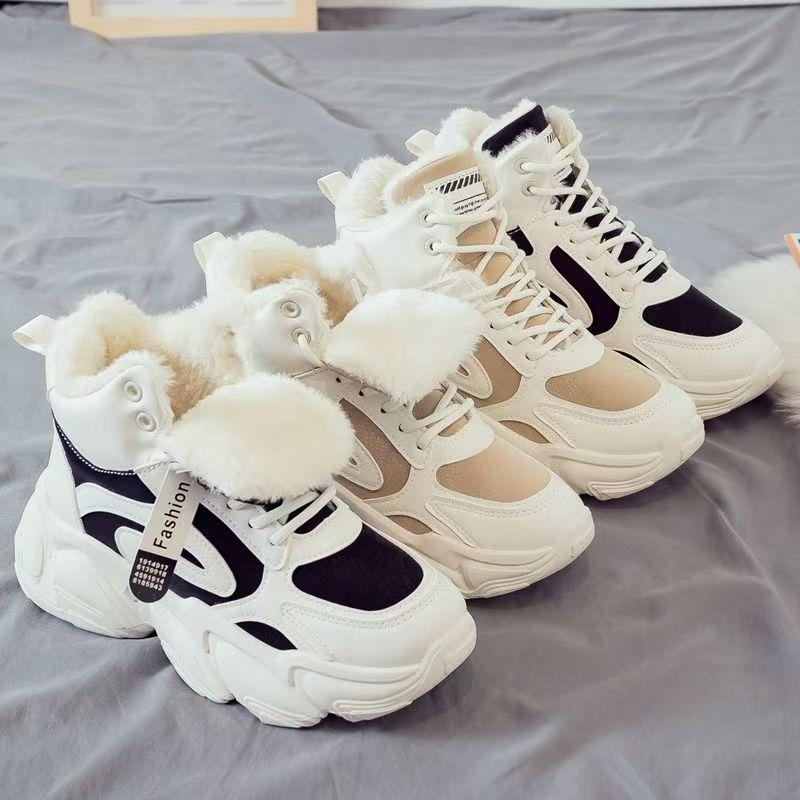 Флисовые кроссовки для папы женские зимние новые корейская версия теплые спортивные ботинки с высоким верхом студенческие хлопковые туфли ins трендовые туфли