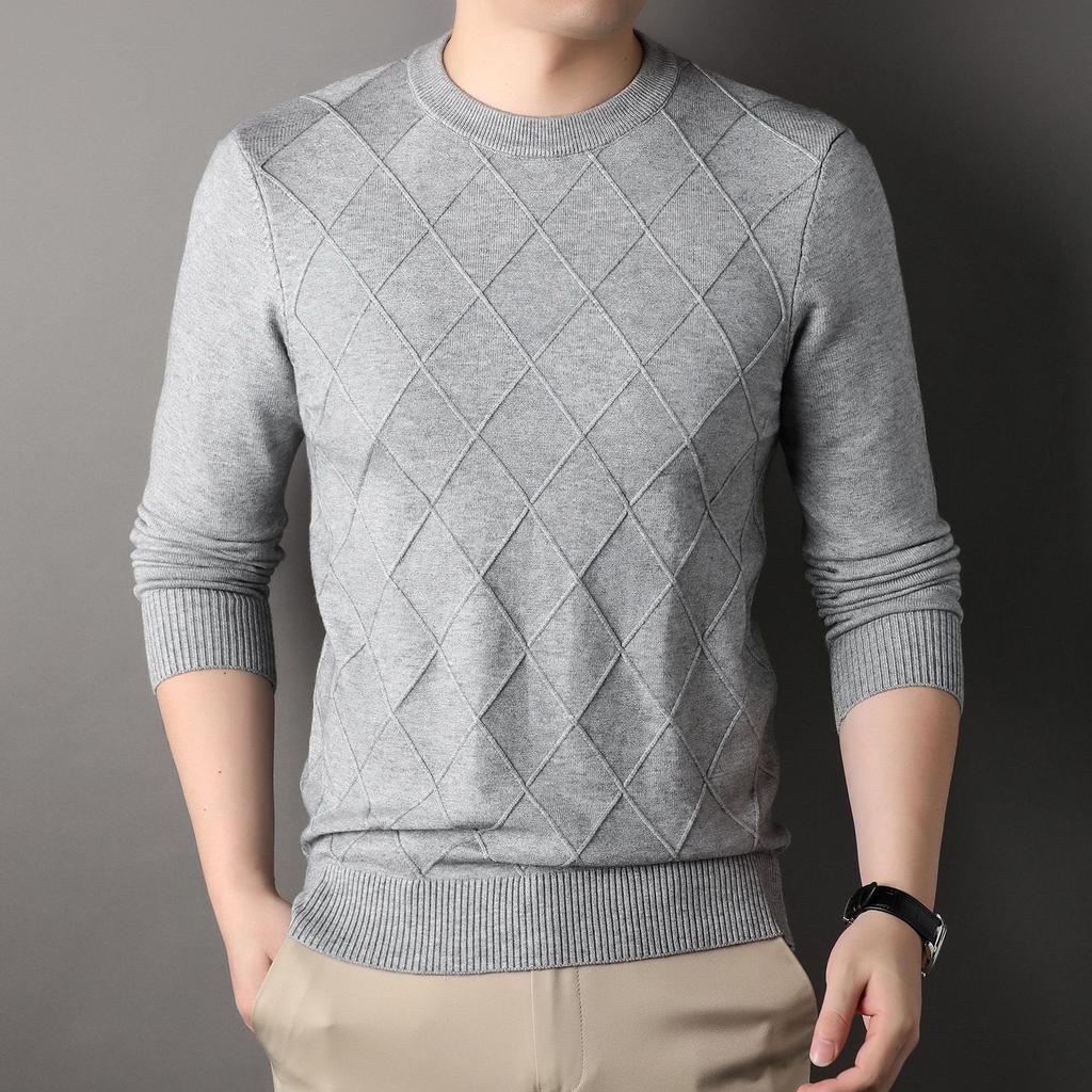 New Men's Sweater Round Neck Winter Wool-like Solid Color Long Sleeve Young and Middle-Aged Jacquard Slim Elastic Bottoming Top