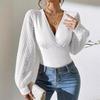2024 Autumn/Winter Women's Chiffon Spliced Knitted Deep V Long-Sleeve Top