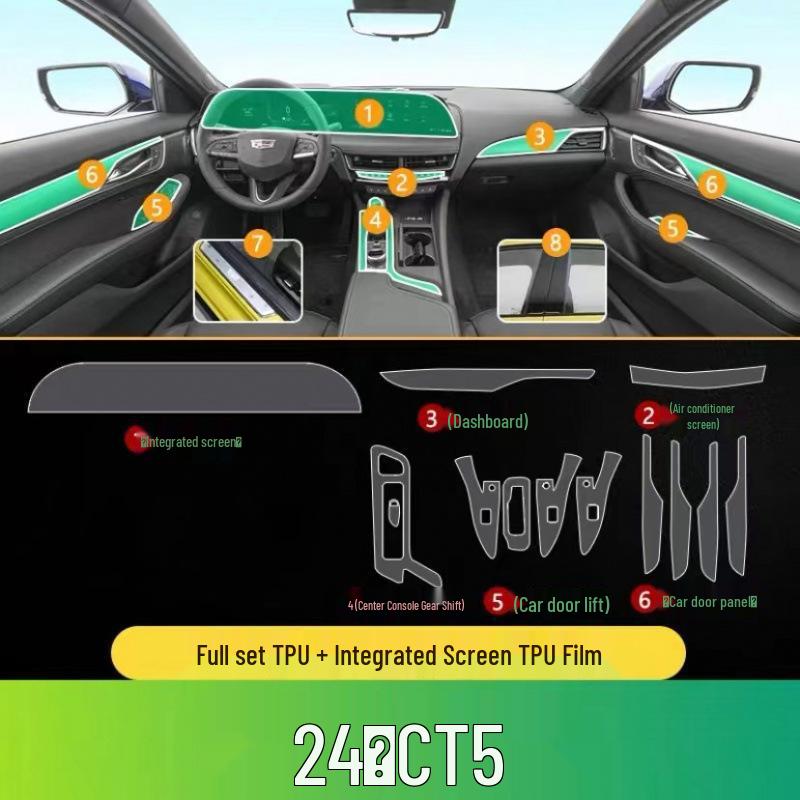 Комплект защитных пленок для интерьера Cadillac CT5: Пленки из ТПУ для рычага переключения передач, центральной консоли и экрана навигации.