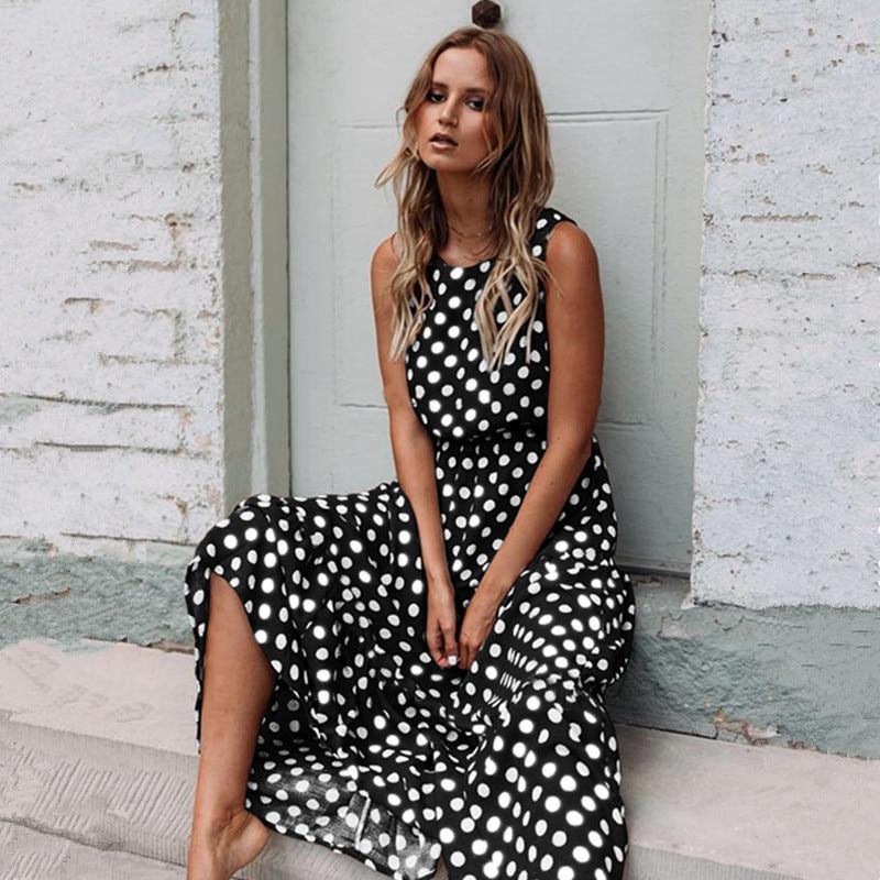 Summer Sexy O Neck Sleeveless Boho Polka Dot Print Maxi Dress New Casual Ladies Party Long Dress