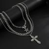 SHIXIN 3Pcs/Set Punk Style Star Jesus Cross Pendant Necklace for Men Hip Hop Stackable Multi Layer Thick Chain Choker Necklace