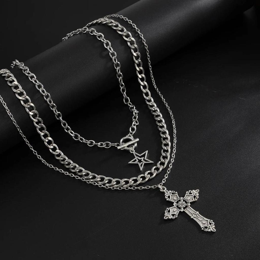 SHIXIN 3Pcs/Set Punk Style Star Jesus Cross Pendant Necklace for Men Hip Hop Stackable Multi Layer Thick Chain Choker Necklace