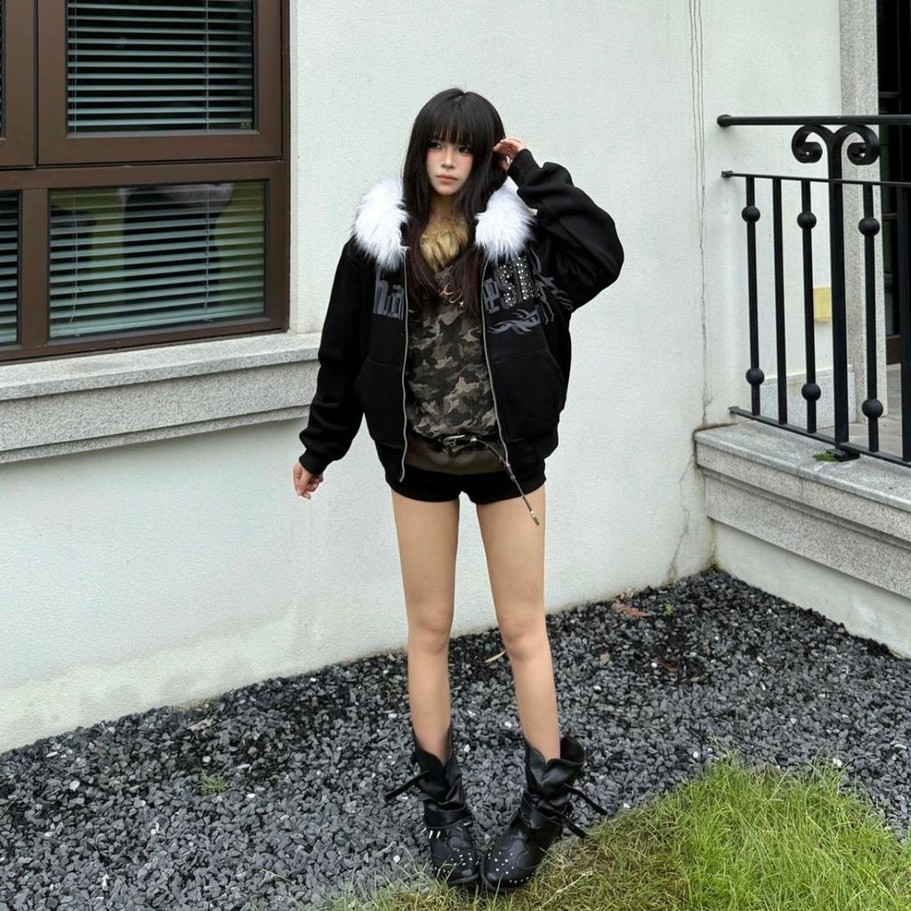 VAYLA Уличные худи с вышивкой букв и меховым воротником с капюшоном для женщин Новые осенне-зимние свободные повседневные универсальные толстовки-кардиганы на молнии