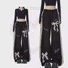 American Sweet & Cool Hot Girl Bow Lace Splice Casual Women's Autumn Elastic Waist Loose Straight Pants