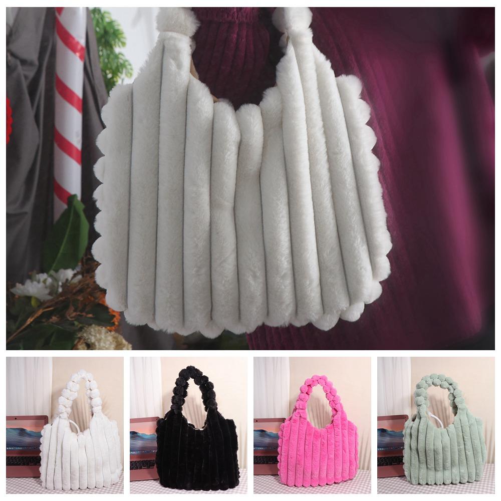 Large Capacity Plush Handbag Solid Color Plush Shoulder Bag Kawaii Plush Tote Bag Winter