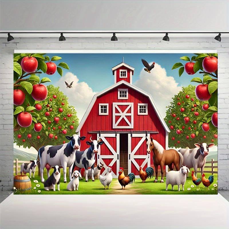 2D plane 1 farm scene featuring a red barn and various farm animals with a vibrant polyester background fabric