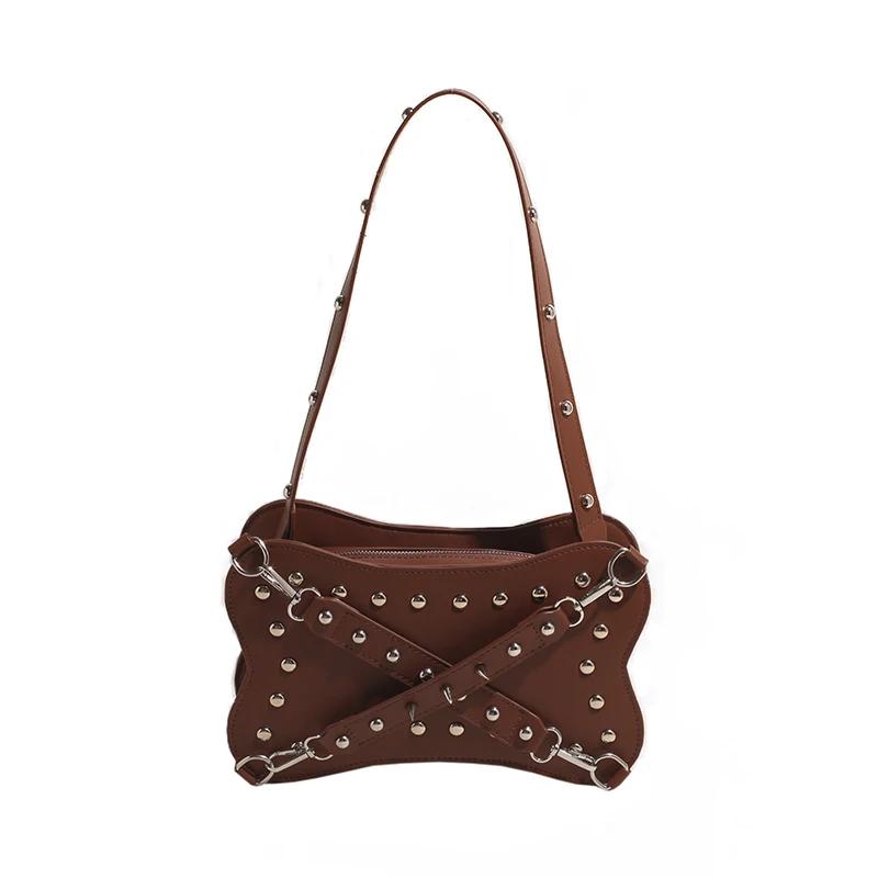 Твердые сумки через плечо на молнии, универсальные новые модные брендовые сумки с заклепками для женщин, популярные роскошные дизайнерские женские сумки