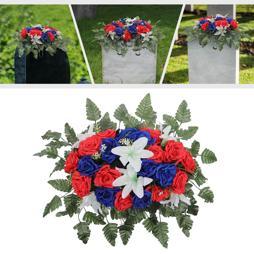 47*64cm Artificial Silk Cloth Cemetery Flower,Red Blue Outdoor Grave Decorations for Headstones and Funeral Ceremonies