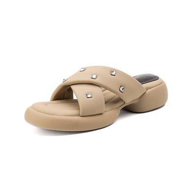 Летние туфли-мюли из натуральной кожи с открытым носком на толстом каблуке, размер 42, женские сандалии на платформе с кристаллами и шипами