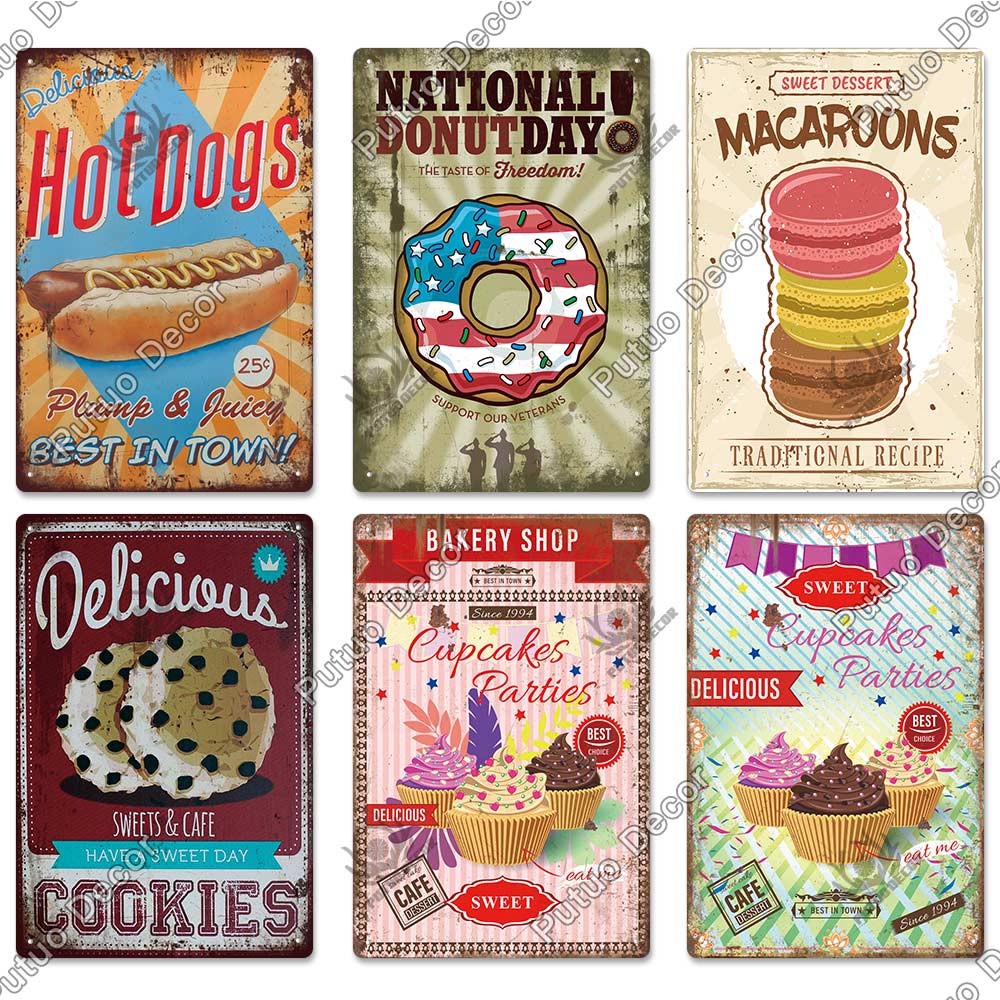 Putuo Decor Donuts Dessert Vintage Plaque Metal Plate Tin Sign Wall Art Decor Retro Poster for Kitchen Cafe Home Iron Painting