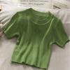 Women Girls Korean Pure Solid O-Neck Knitted Casual Cotton Slim Top Crop Short-Sleeve T-Shirt