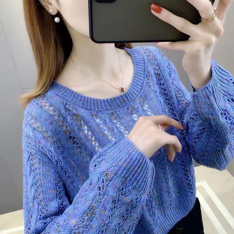 Женский короткий и свободный вязаный свитер с высокой талией и вырезом, базовый свитер