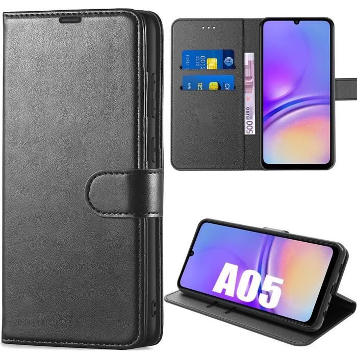 Coque de protection - BOOLING - Samsung Galaxy A05 - Effet Cuir Noir - Antichoc - Fentes pour cartes