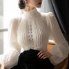"2024 Women's White Puff Sleeve Stand Collar Shirt – New Spring Style"