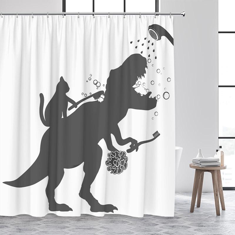 Funny Cat Riding Dinosaur Shower Curtain Cute Animal Surfboard Sea Waves Japanese Landscape Kids Bath Curtains Bathroom Decor