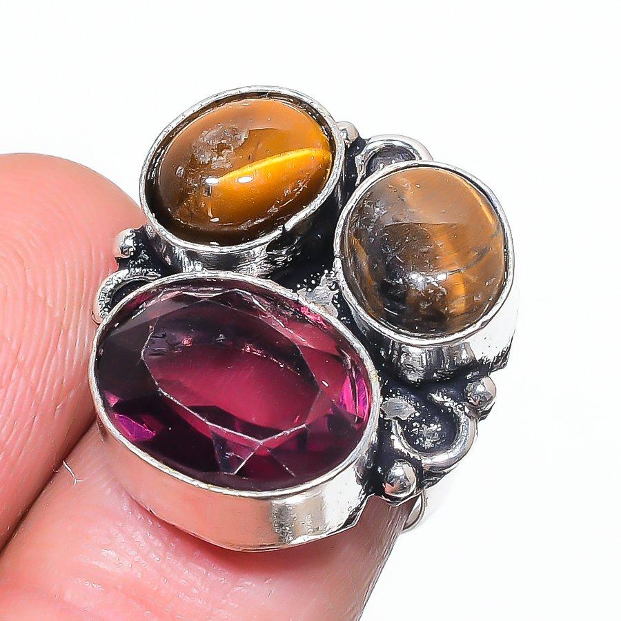 Натуральный аметист, тигровый глаз, ювелирное кольцо из стерлингового серебра 925 пробы, размер 6 R9a47