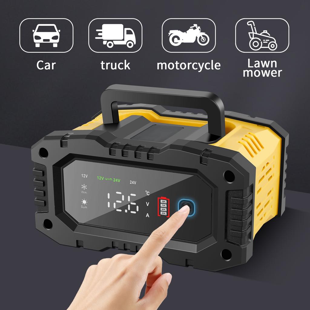 Car Battery Charger with Temperature Compensation LCD Display Automotive Charger Portable Battery Maintainer Trickle Charger