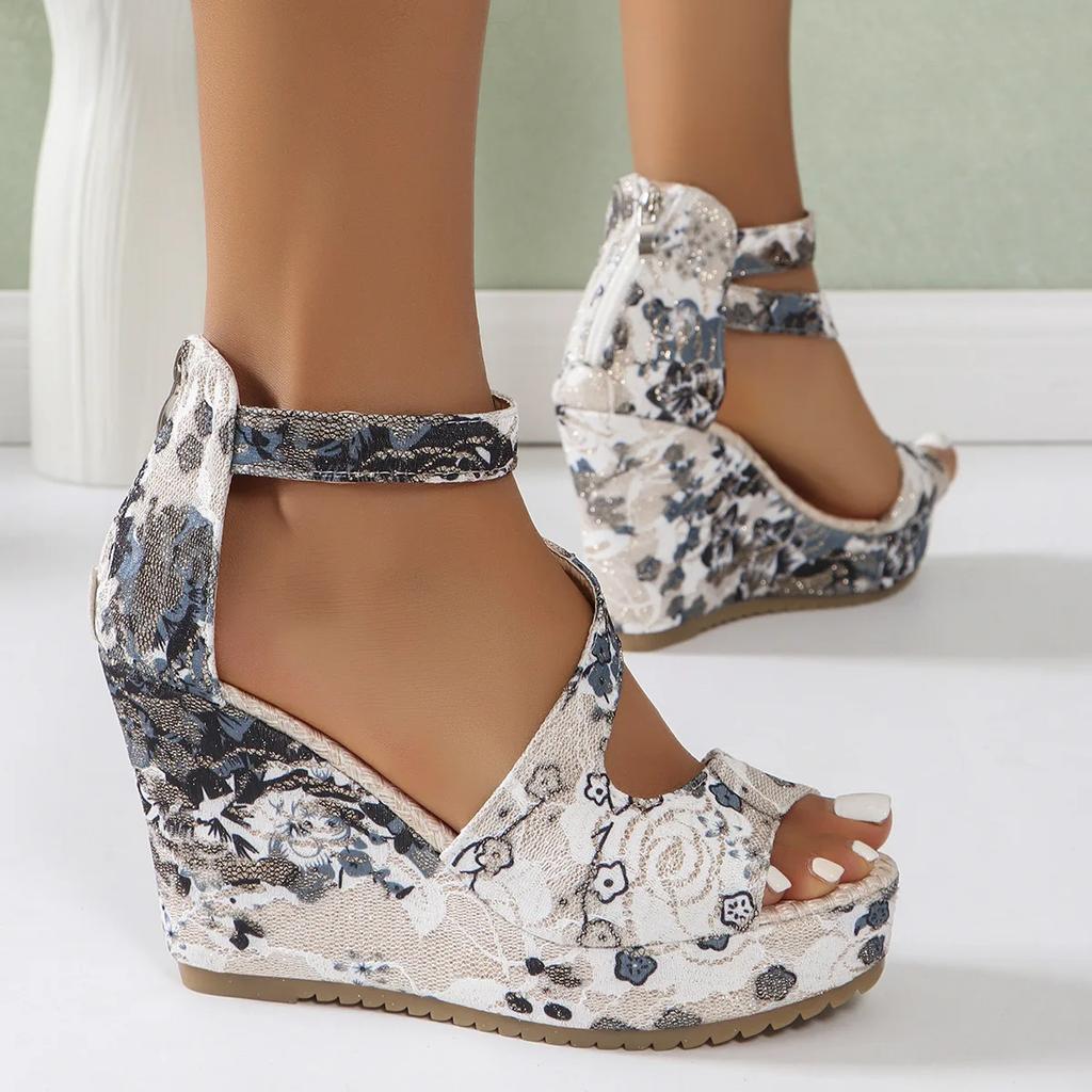 Модные бохо-босоножки с блестящими вышитыми цветами и рыбьим ртом для женщин, римские туфли на танкетке, удобные босоножки на высоком каблуке с застежкой-молнией сзади