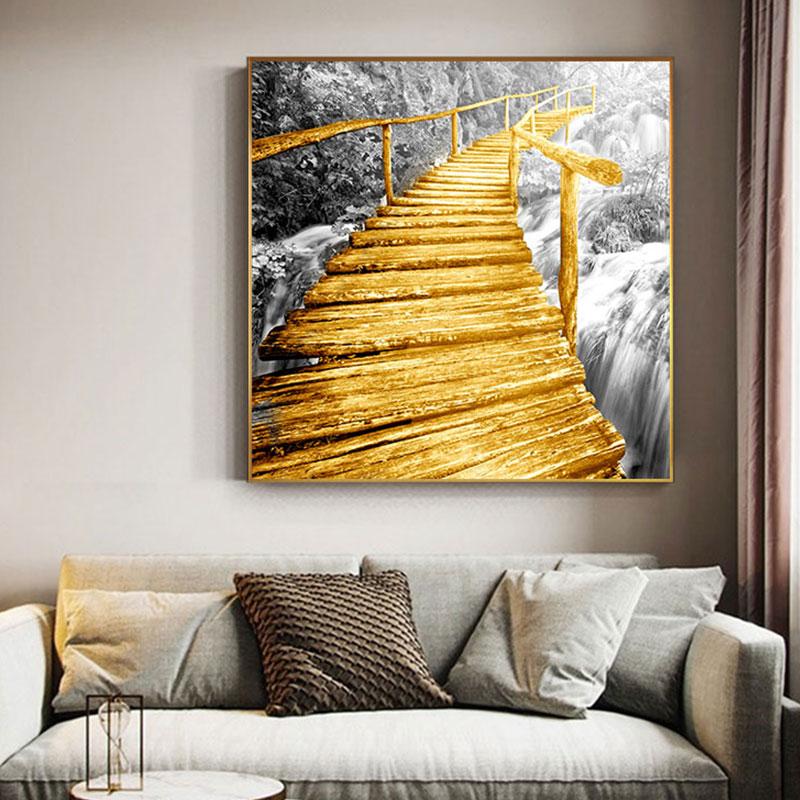 Абстрактная золотисто-желтая картина на холсте с мостом, промышленные постеры для декора гостиной, серая настенная живопись, украшение, фреска