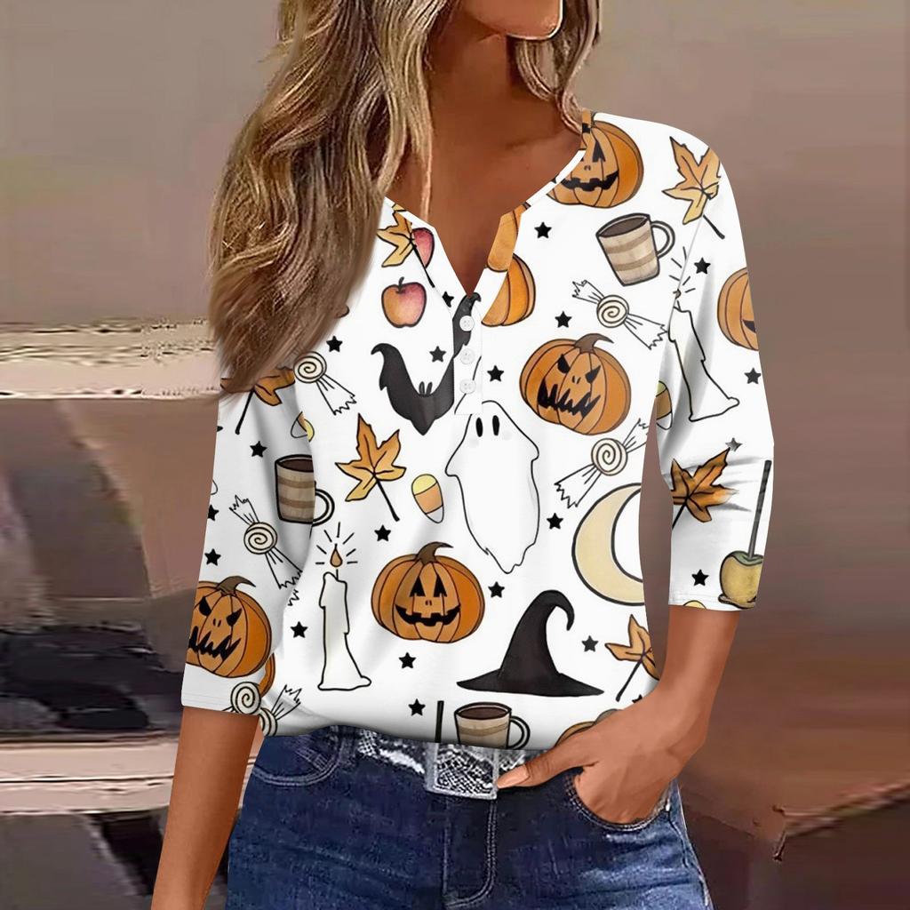 Women's T Shirt Tee Halloween Print Button  3/4 Sleeve Daily Weekend Fashion Basic V- Neck Regular Top