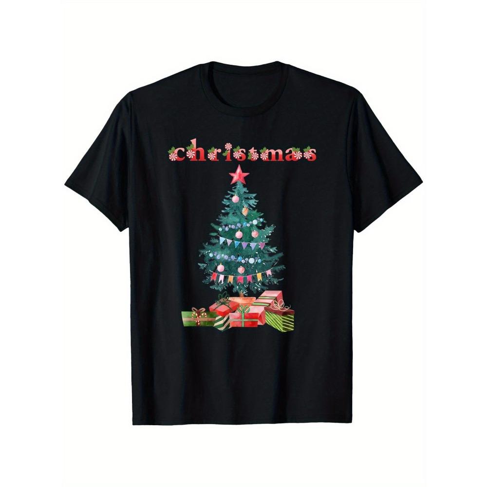 Christmas Tree Watercolor T-Shirt Black with Pink Bow Golden Star Holiday Design Casual Sleeve Short Sleeve Casual