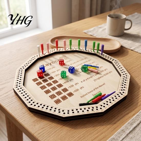 Dice Board Game Wooden Farkle Tray, with 6 Dice, 8 Colorful Pegs, Multi-player Interactive Scoreboard Game, Classic Tabletop for Travel Family