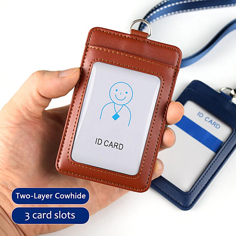 Second Layer Cowhide ID Badge Holder Business Work Card Holders with Neck Lanyard Women Men Formal Staff Office Worker Supplies ID Card Case