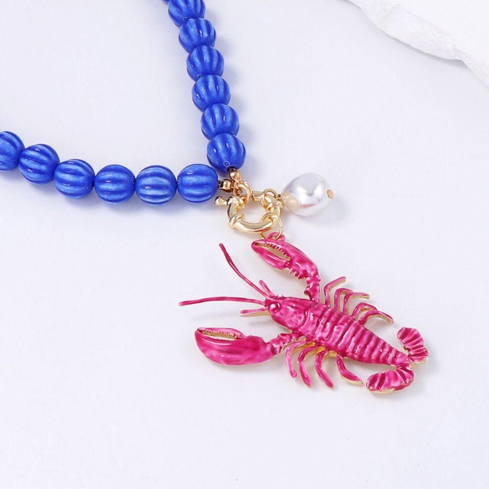 Cute Enamel Crab Pendant Necklace Polka Dot Beads Necklace Simple Bohemian Collarbone Chain Women
