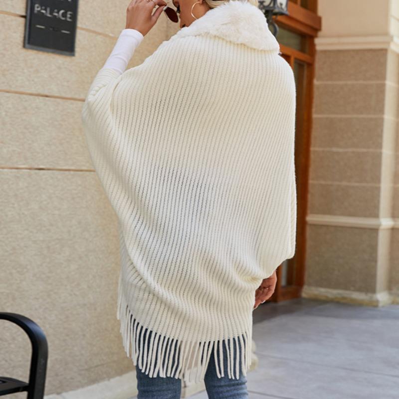 Осень-зима свитера женские топы меховой воротник кисточка шаль женская мода повседневная вязаная накидка куртка