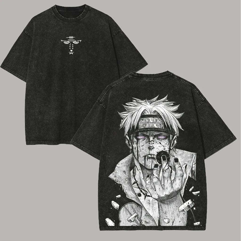 Pain T Shirt Naruto Men Acid Wash Back Print Yahiko Anime Graphic Cotton Streetwear Rinnegan Vintage Bootleg Oversized Tee