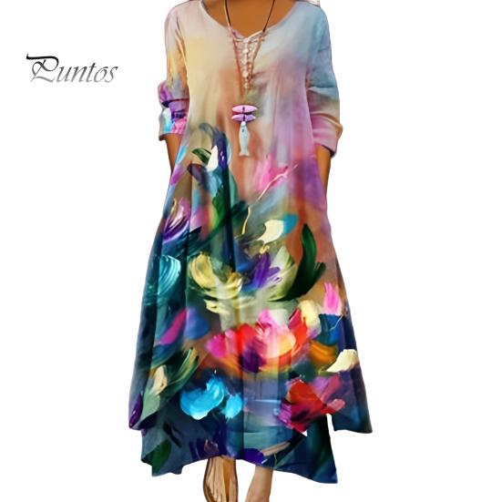 Платье весна-осень с карманами, винтажным цветочным принтом, V-образным вырезом, неровным многослойным подолом, свободное платье макси А-силуэта для повседневной работы и вечеринки