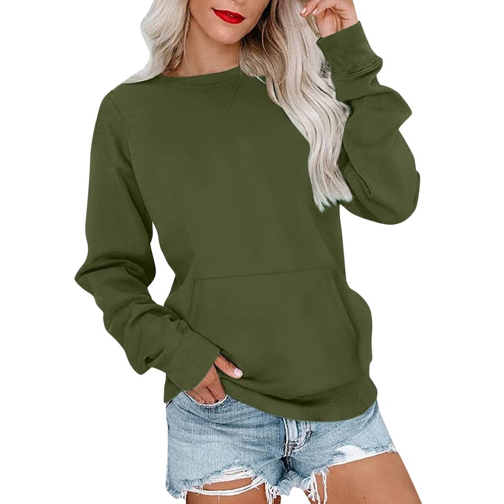 Women's Fashion Sweatshirt Round Neck Long Sleeve Solid Color Casual Loose Pullover Sweatshirt Sweater