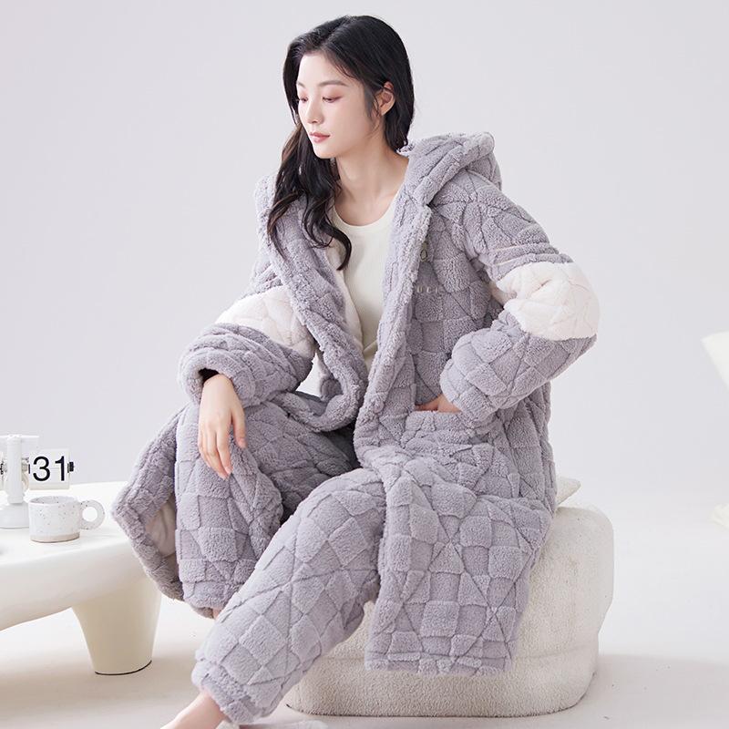 2023 Женская ночная рубашка из кораллового флиса: Плотный бархат с подкладкой, осенне-зимний, универсальный костюм для дома и улицы