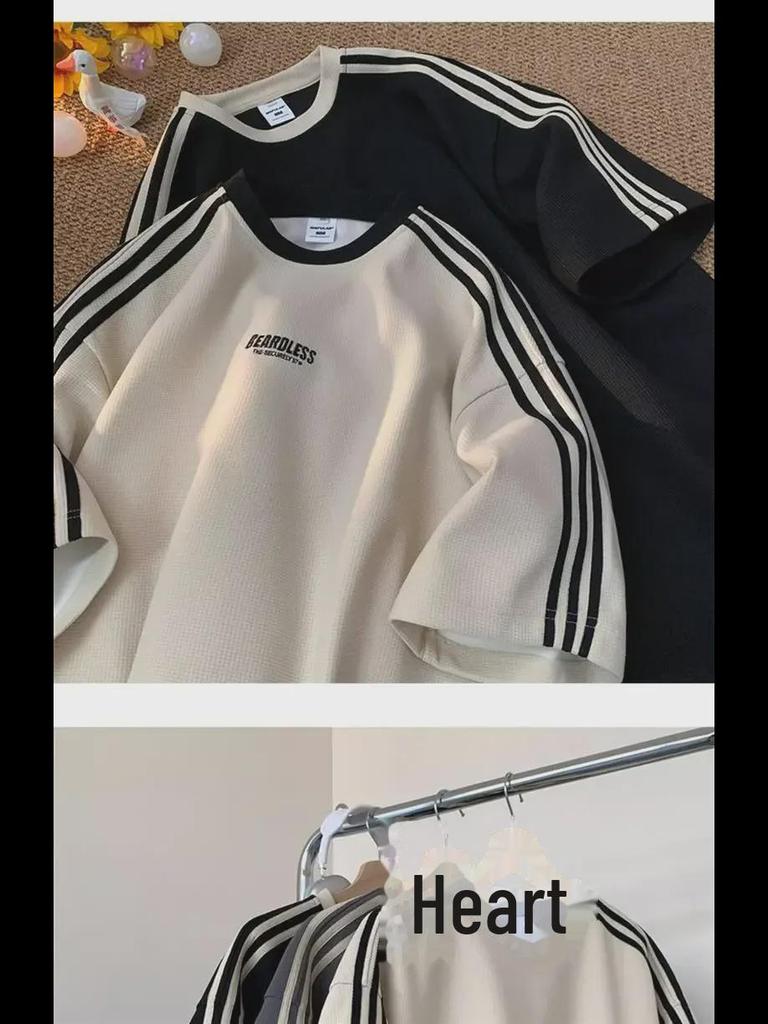 Men's Summer Striped Waffle T-Shirt - Casual, Loose-Fit, Short-Sleeved, Small Collar Sports Top