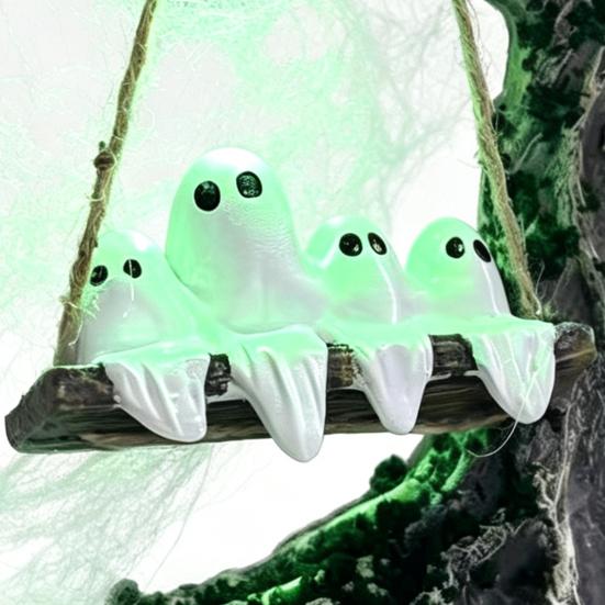 Halloween Mystery Theme Ornament Ghosts on A Tree Swing Statue, Spooky Light Up Swinging Ghost Resin Statue for Home Figurine with Spider Web Desktop